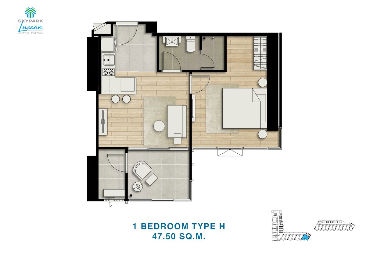 1-BR · Tower A · Side sea floor plan